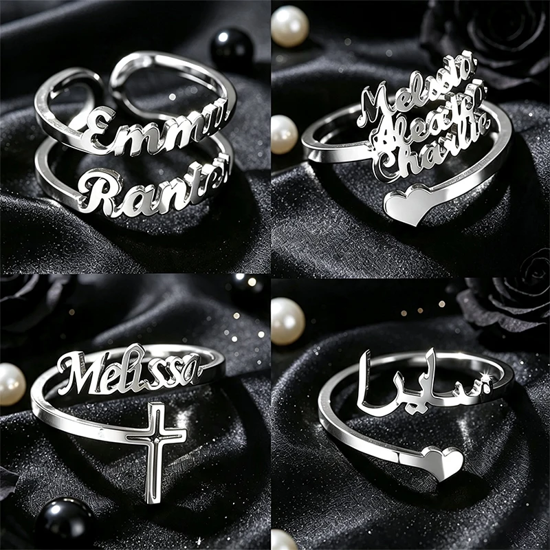 Multi-styles Custom Name Stainless Steel Rings Woman Man Couples Personalized Name Heart Crown Adjustable Valentine's Day Ring