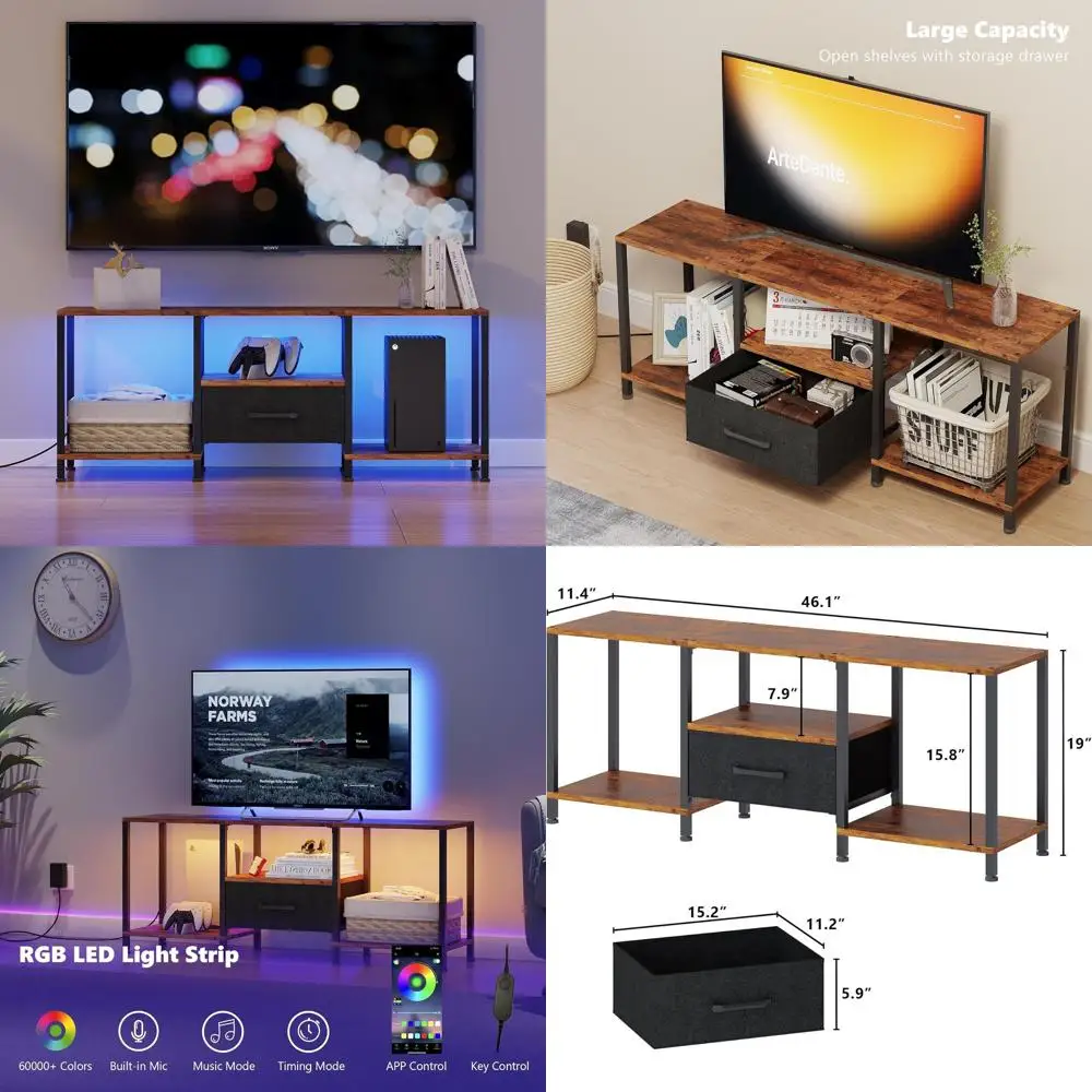 

Тумба под телевизор Rustic Brown 55 с LED-подсветкой и тканевыми ящиками для гостиной и спальни