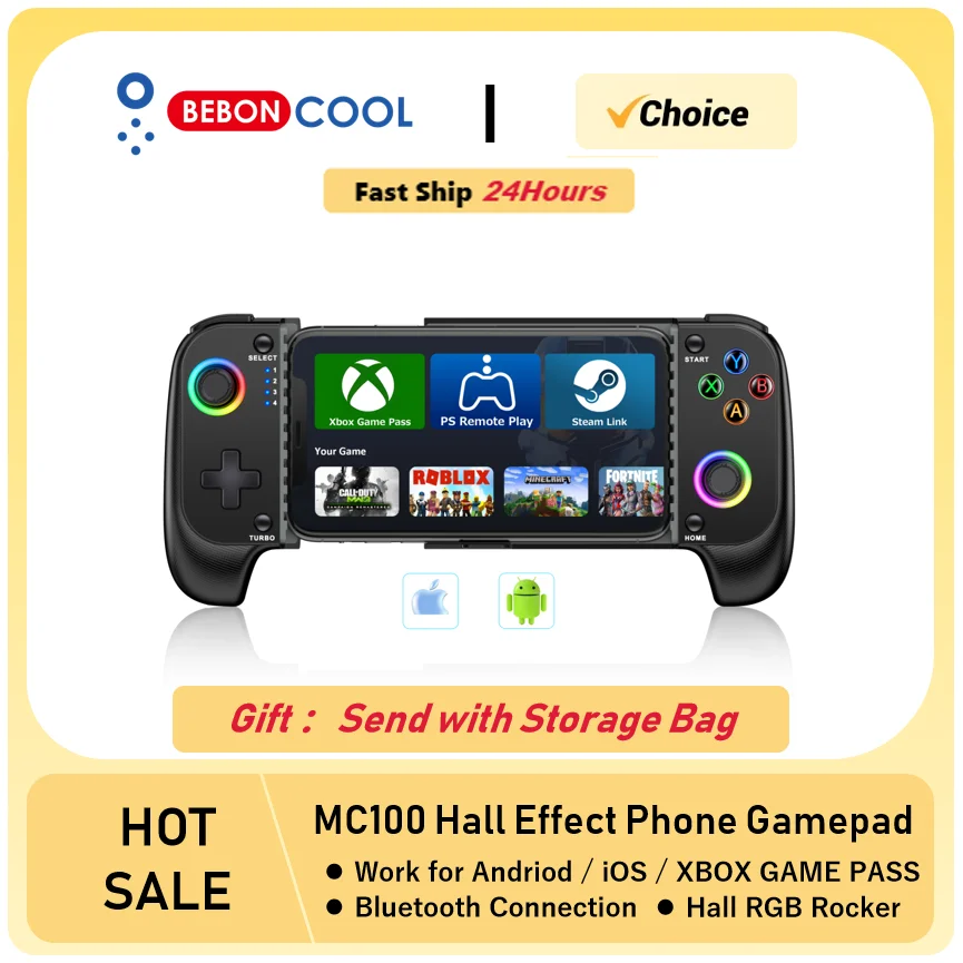 BEBONCOOL MC101 Mobile Phone Hall effect  Gamepad RGB Wireless Bluetooth connection for Cloud Gaming Xbox Game/Android/iOS