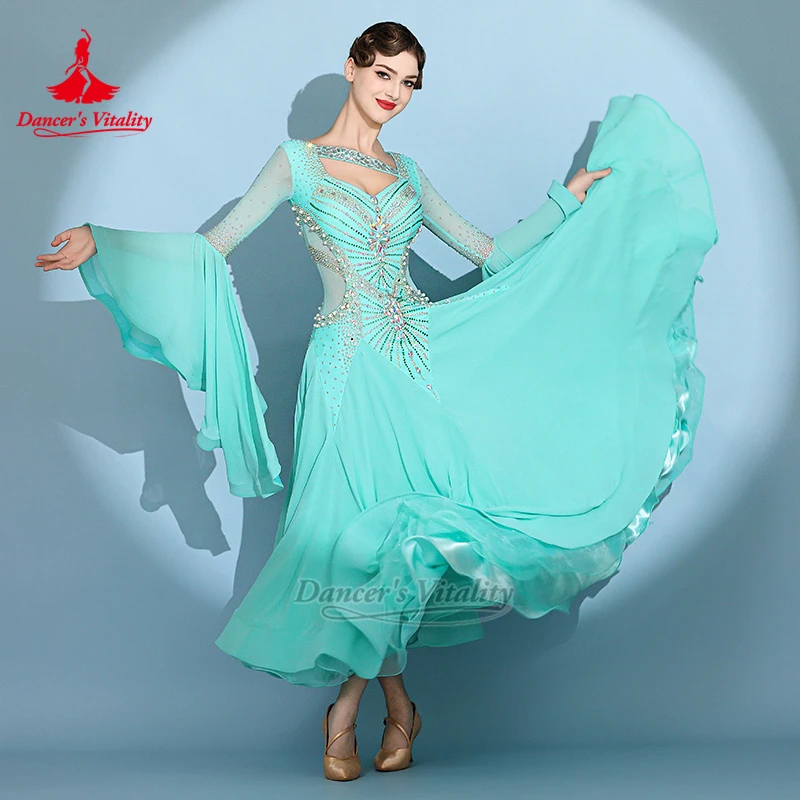 Adult Social Dance Refreshing Mint Green Long Sleeves Elegant Dress Custom Women Tango Waltz Perfor Clothing Dancer's Vitality