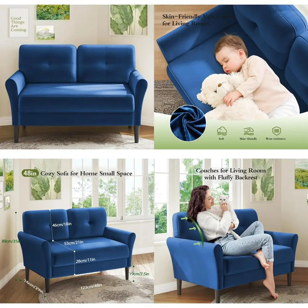 Compact Velvet Loveseat Sofa, 48 Deep Seating, Ideal for Small Spaces, Bedroom Comfort Couch, 21 Seat Depth
