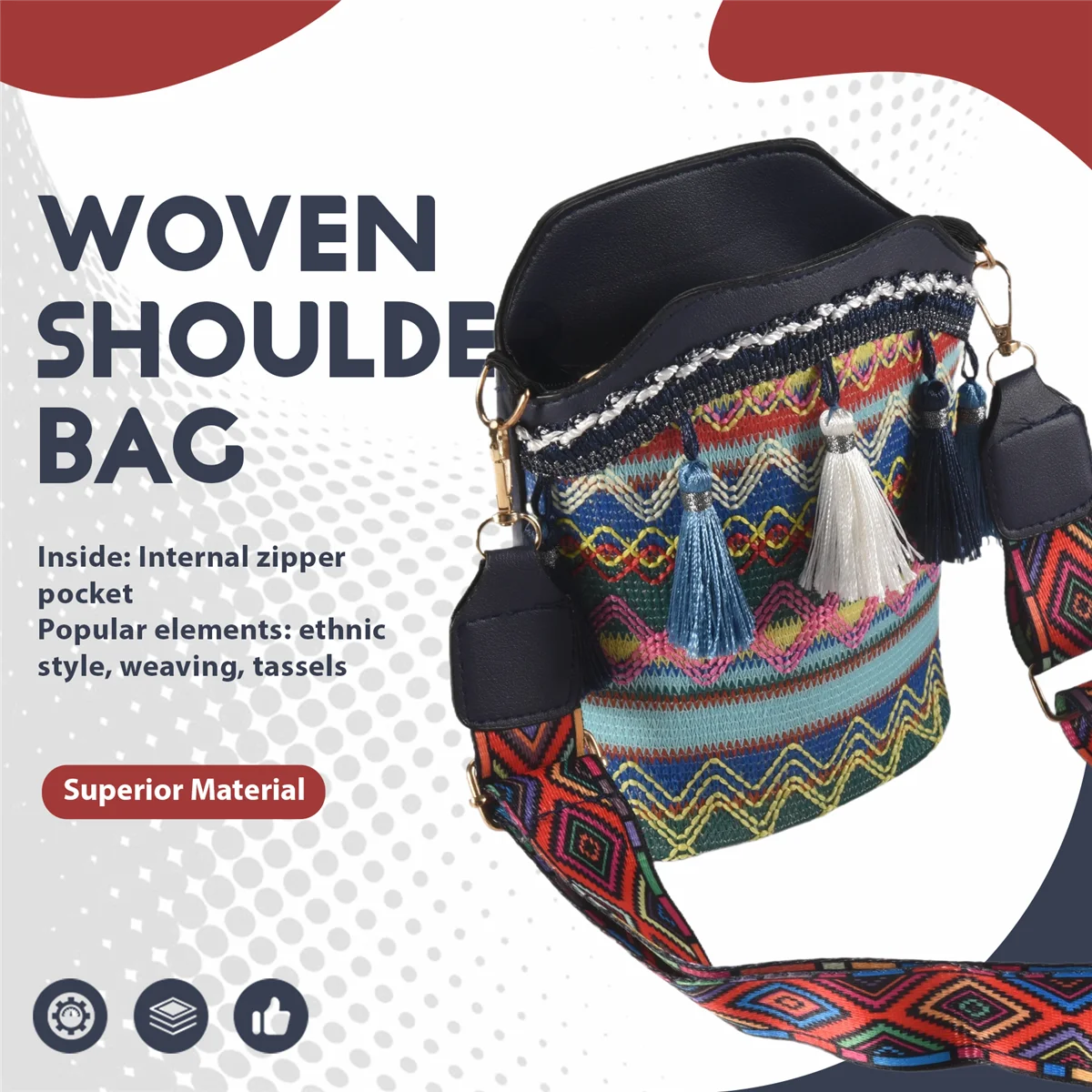 FZFZ 패션 보헤미안 민족 스타일 여성 밀짚 짠 어깨 메신저 가방 레트로 캐주얼 술 버킷 가방 네이비 블루