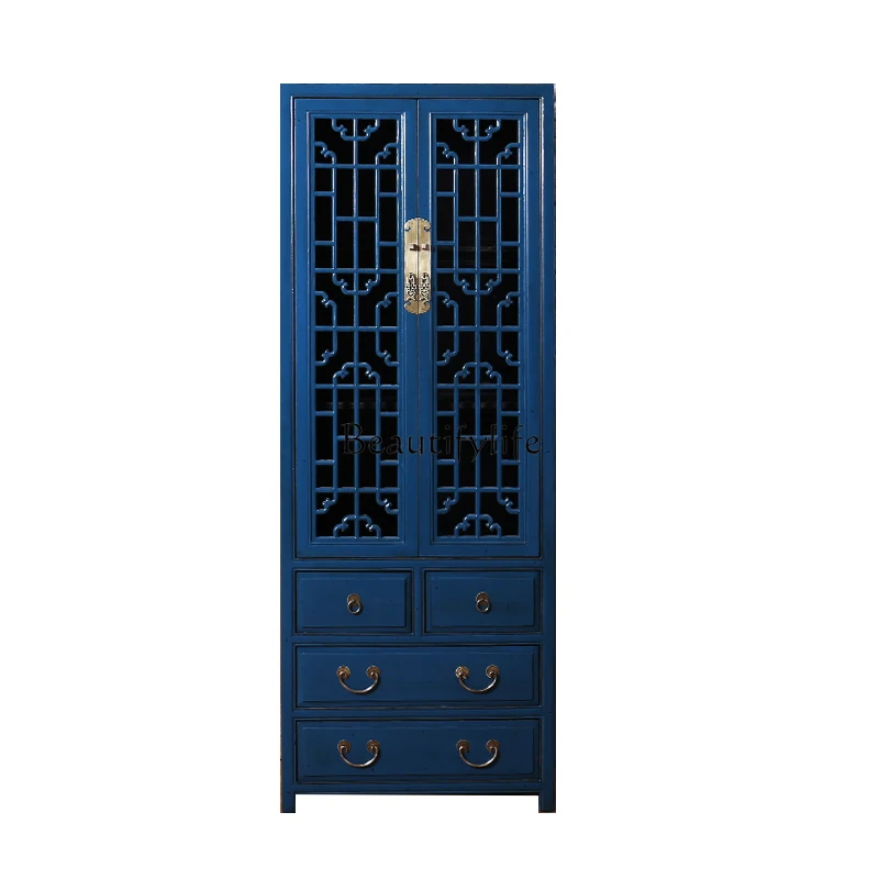 

New Chinese all-solid wood retro paint bookshelf antique two-door Zen cabinet storage decoration