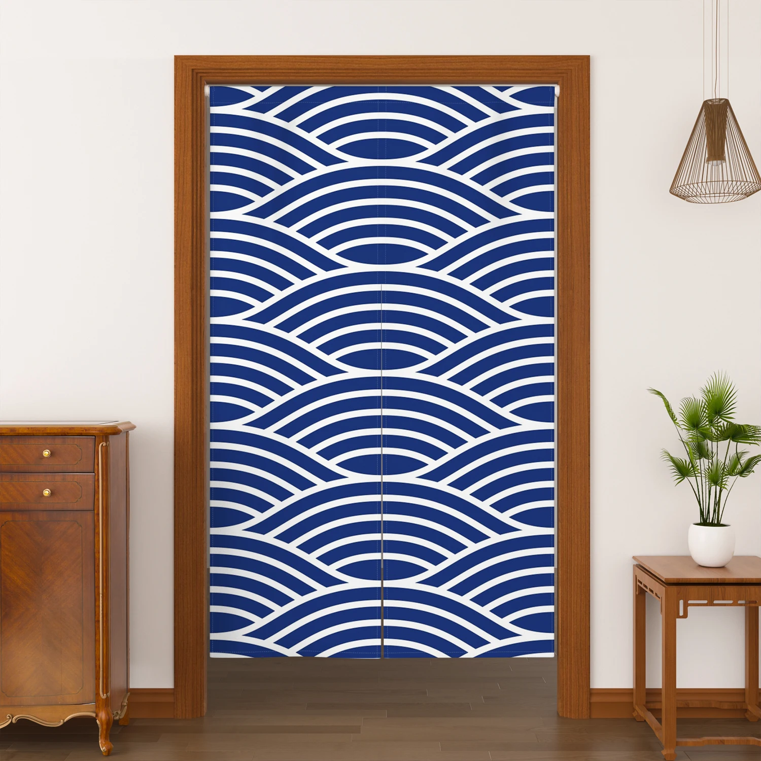Japanese Style Noren Door Curtains Blue Wave Geometric Patterns Linen Doorway Curtains Izakaya Dining Room Entrance Half Curtain