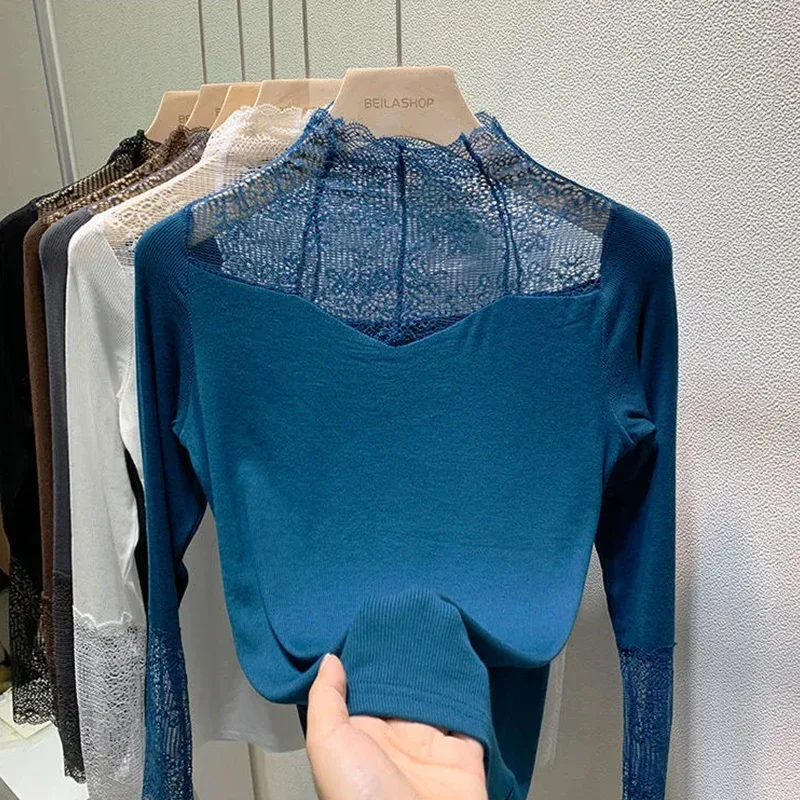 Oversized Women Clothing Bottoming Shirt Female Fashionable Patchwork Net Yarn Perspective Half Height Collar Long Sleeve Tshirt
