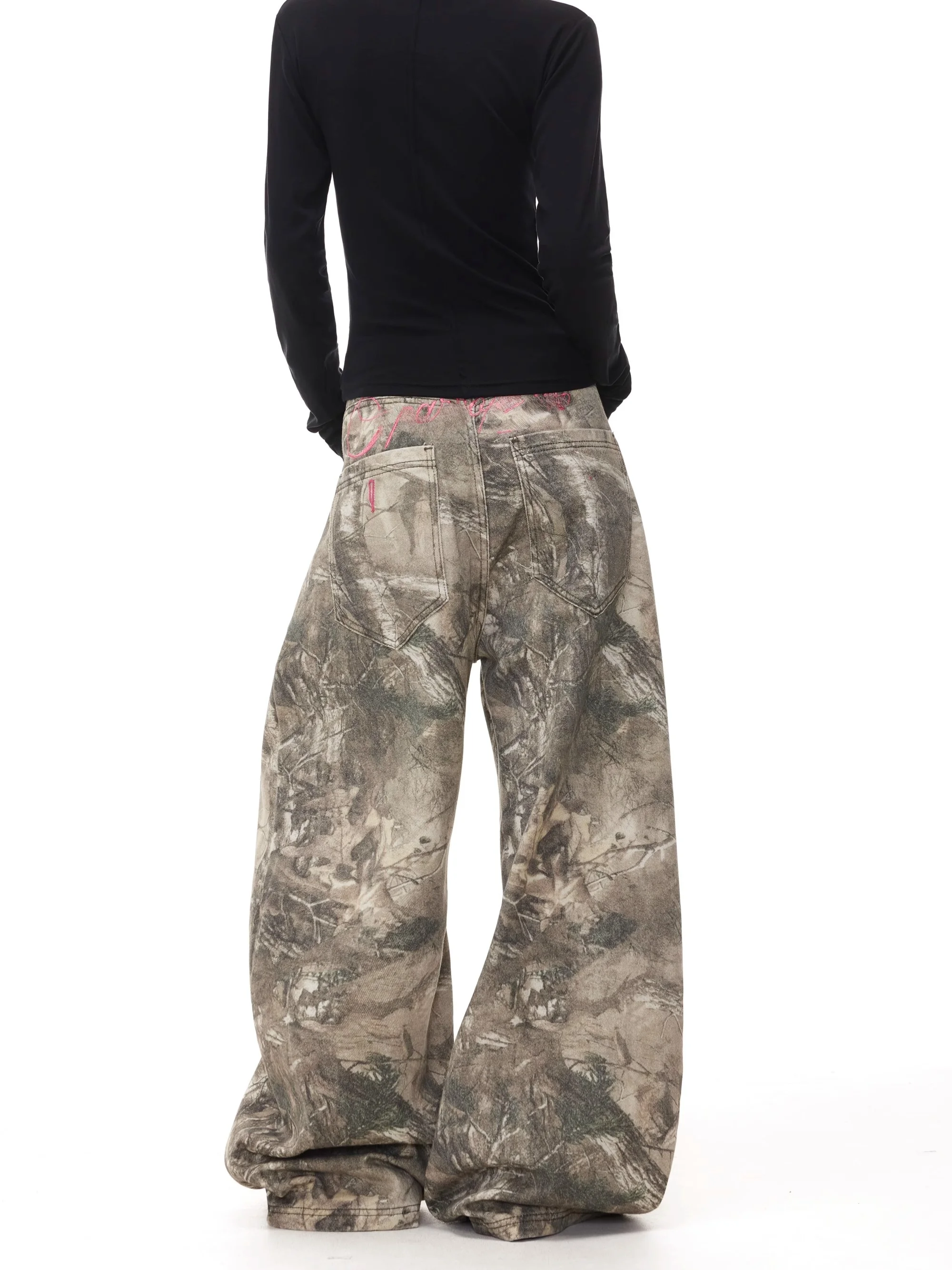 American Style Retro Letter Embroidery Camouflage Wide Leg Jeans High Waist Design Slimming Effectiveness for Men And Women
