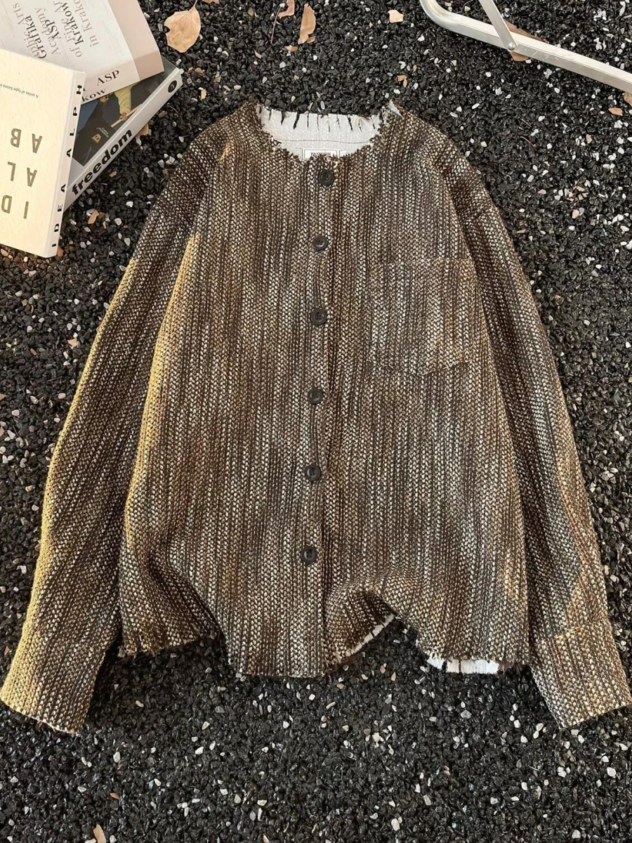 

Американская ретро-вязаная куртка для мужчин, весенне-осенняя, свободного кроя, с длинными рукавами, с воротником, модный брендовый дизайн