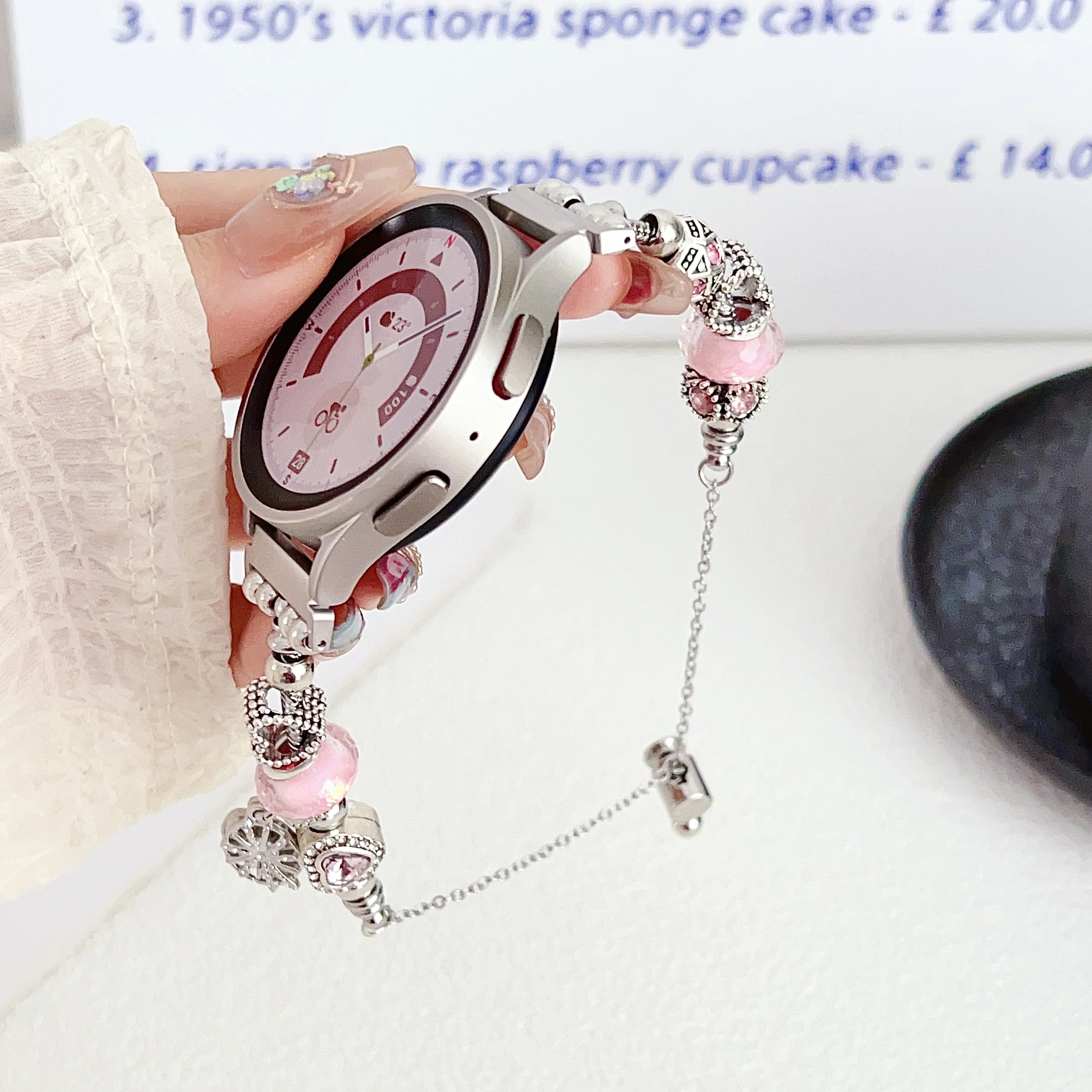 Correa de metal para reloj Samsung, pulsera con cuentas de Pandora, cadena para mujer de 20mm y 22mm, pulsera de concha de flor de amor estético