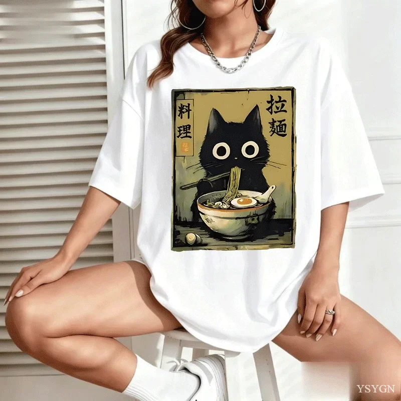 Kawaii Ramen Cat Retro Japanese N..Essential T-shirt Men Women Clothing Fashion Cotton T Shirt Oversized Short Sleeves Tee Shirt