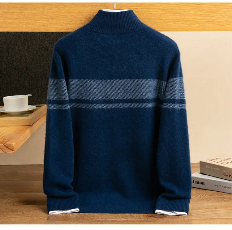 Pure mountain cashmere sweater men's autumn and winter new half-high neck color matching thick sweater casual warm cardigan