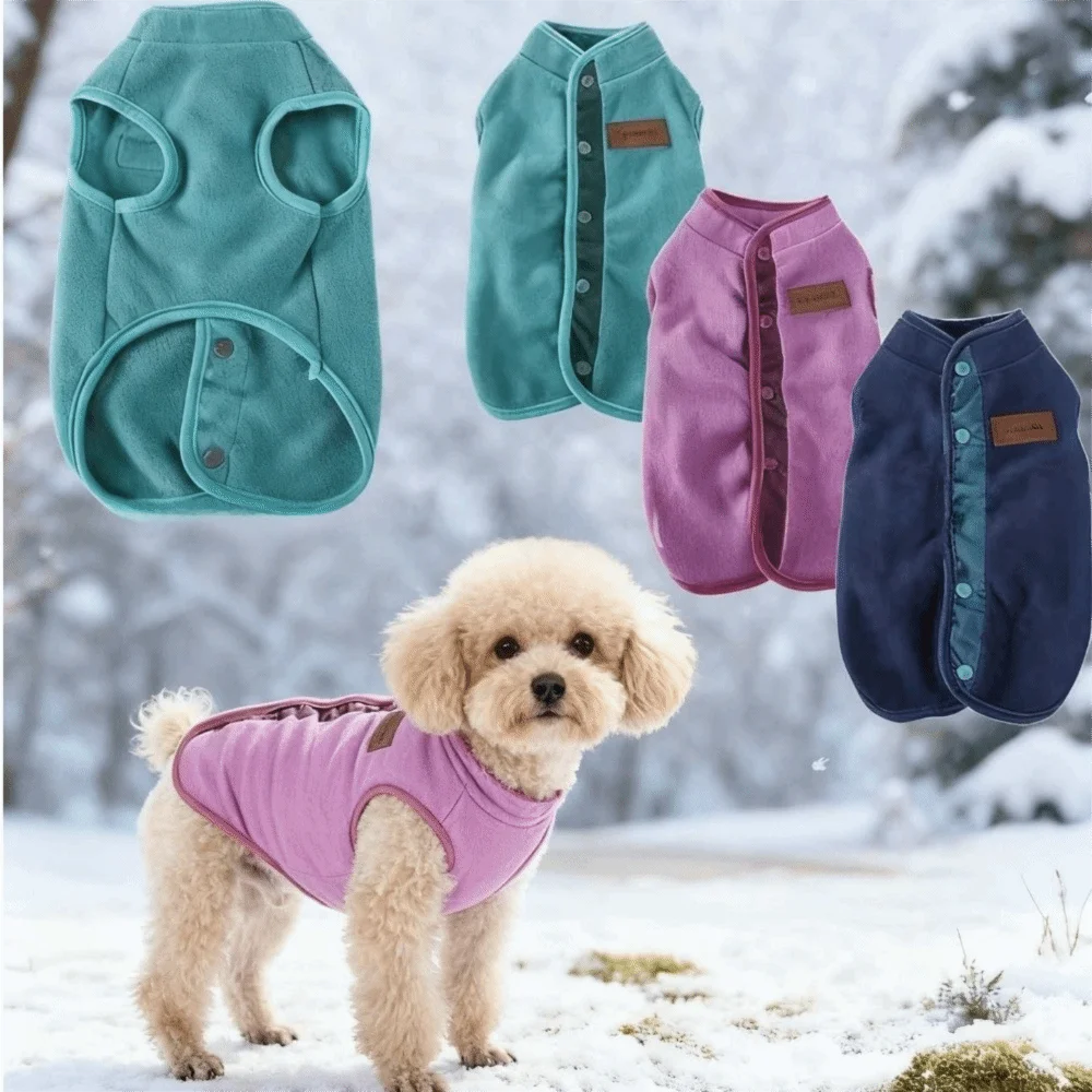 Cute Fleece Dog Winter Coat Button Closure Solid Color Dog Vest Soft Thick Warm Pet Pullover Sweatshirt for Outdoor Walk