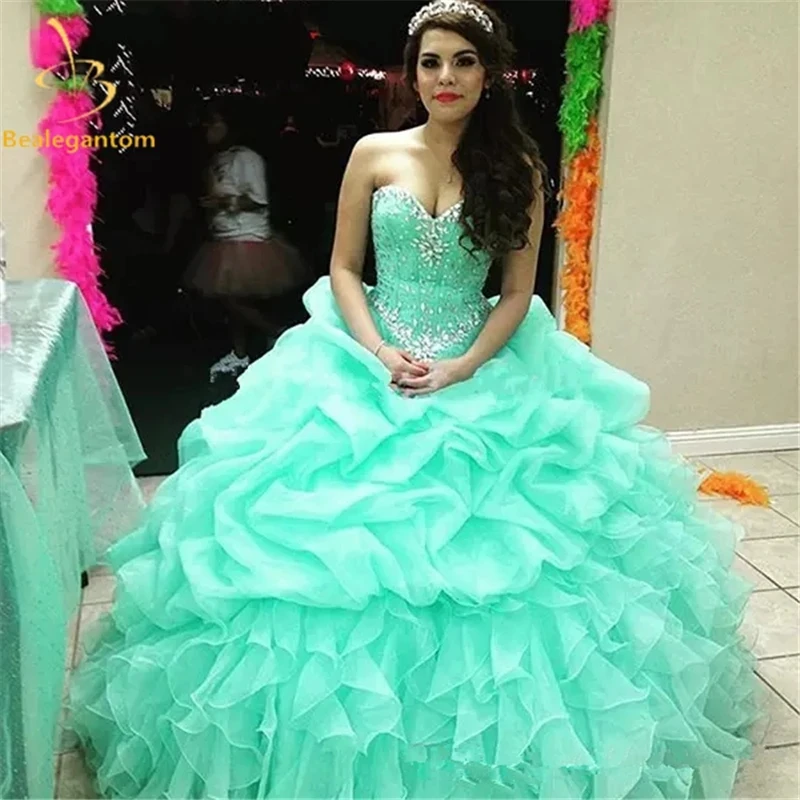 

Bealegantom Mint Green Pink Ball Gown Quinceanera Dresses Beaded Lace Up Sweet 16 Debutante Prom Party Gown Vestidos De 15 Anos