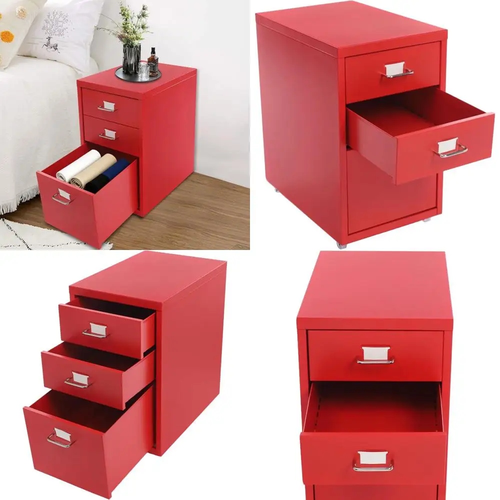

3-Drawer Rolling Metal File Cabinet Organizer with Wheels, Mobile Storage Cart for Home Office (Red)