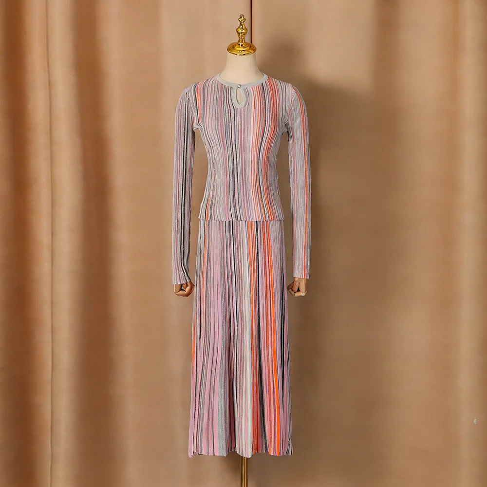 VGH Elegante, stijlvolle gestreepte gebreide tweedelige set voor dames, afslankende truien met lange mouwen, geplooide rok, outfit voor cocktail-evenementen