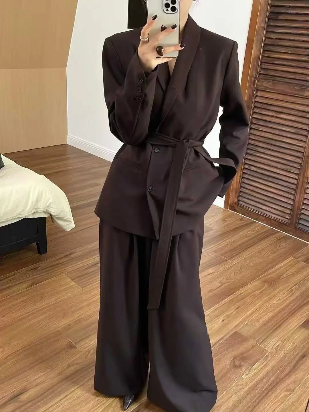 BJTZ الدانتيل متابعة التعادل الخصر سترة مجموعة للمرأة 2025 الخريف جديد واحدة الصدر معطف و عالية الخصر بنطال ذو قصة أرجل واسعة قطعتين مجموعة