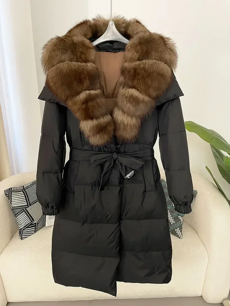 MENINA 2024 Winter Jacket Women Natural Real Fox Raccoon Fur Collar 90% White Duck Down Coat Thick Warm Belt Casual Outerwear