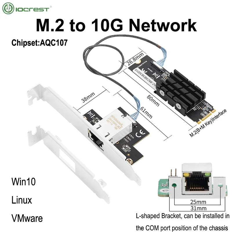 

IOCREST M.2 к однопортовому 10-кратному Ethernet Gigabit Nic B Key M Key 10G/2.5G/1000M RJ45 Lan Network Adapter Card Чип AQC107