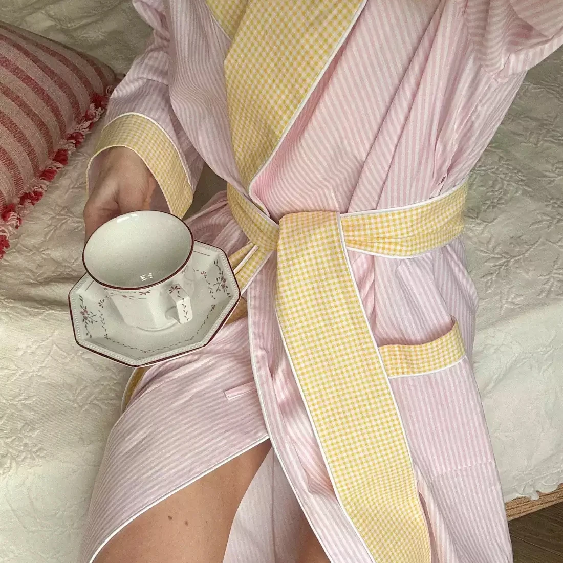 Retro Luxury Pink White Stripe Bathrobe Women Yellow Gingham Contrast Trim Shawl Collar Belted Long Spa Robe