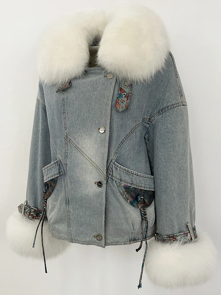 2025 nuovi vestiti autunno inverno femminile vera pelliccia di volpe piumino d'oca coperchio interno giacca di jeans donna spessa pelliccia calda piumino signora