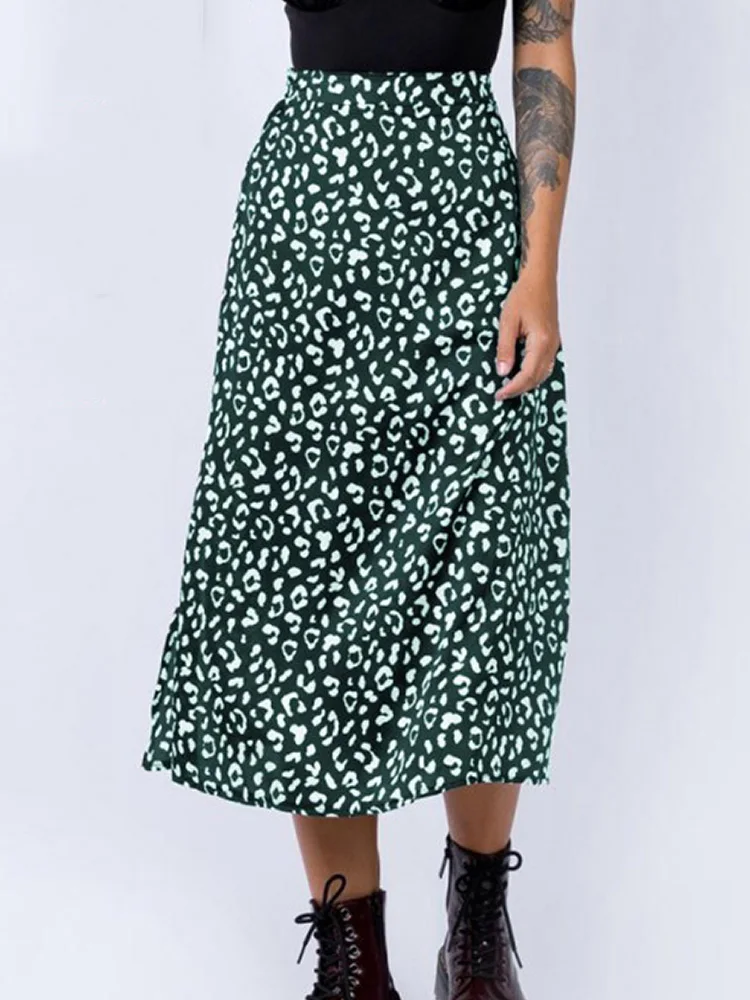 New Summer Fashion Leopard Print Long Skirts for Women Sexy Chiffon Split Casual Spring Zipper White Black Green