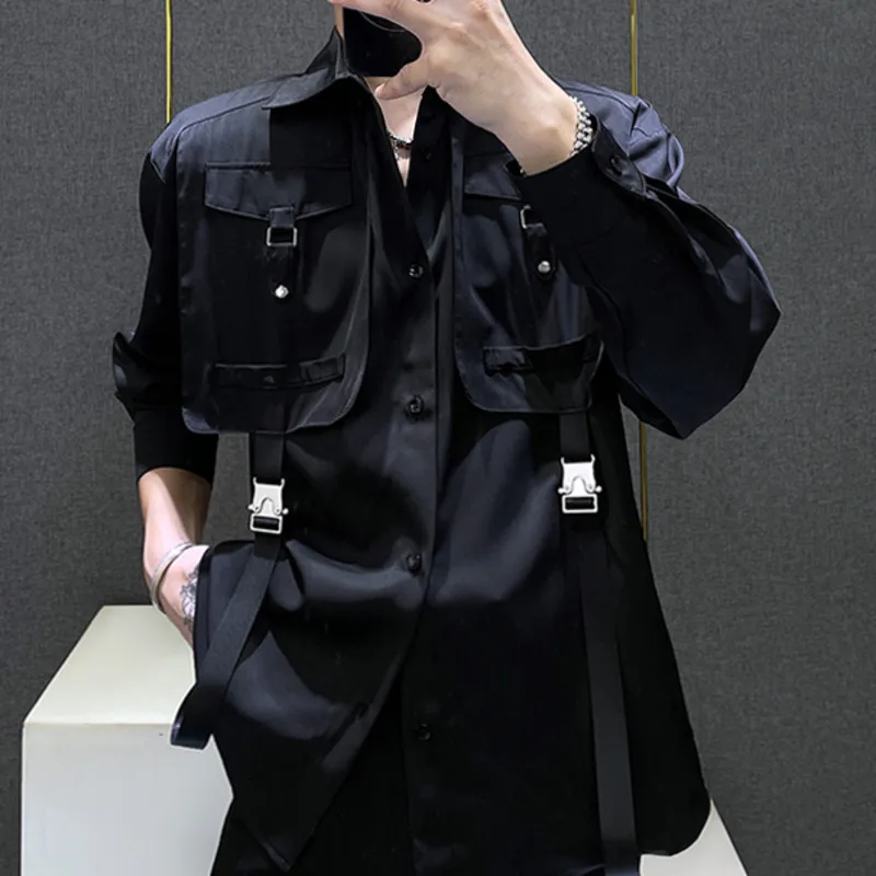 Fashion Belt Decorate Lapel Shirts Men Long Sleeve Streetwear Patchwork Chemise Homme Social Party Tuxedo Nightclub Clothing