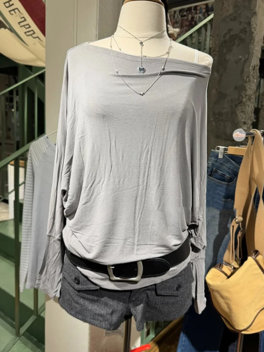 Sexy Slash Neck Cotton Tee Shirts Women Streetwear Solid Long Batwing Sleeve T-shirts Sweet Simple Basic Tshirts Y2k Tops New