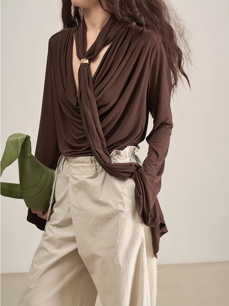 

Романтическая свободная блузка с длинными рукавами и пуговицами из полиэфирного волокна Sa LANVIVIER, с рукавами-колокол для женщин