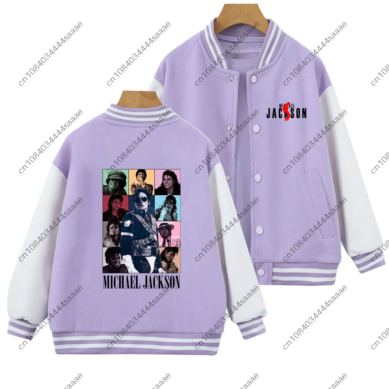 Kids Michael Jackson Thriller Print Baseball Jacket Purple White Contrast Sleeve Boys Girls Long Sleeve Coat Children Casual Top - view 3