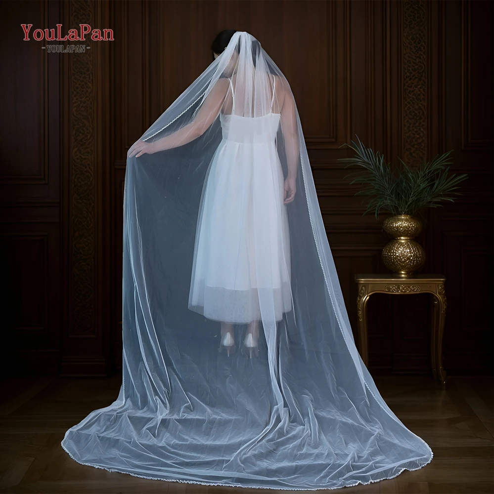 YouLasaupoudrer-Voile de mariage de luxe avec bord en cristal, Voiles de patients, Pétoncle en cristal perlé, Longueur du bout des doigts avec peigne, 1 niveau