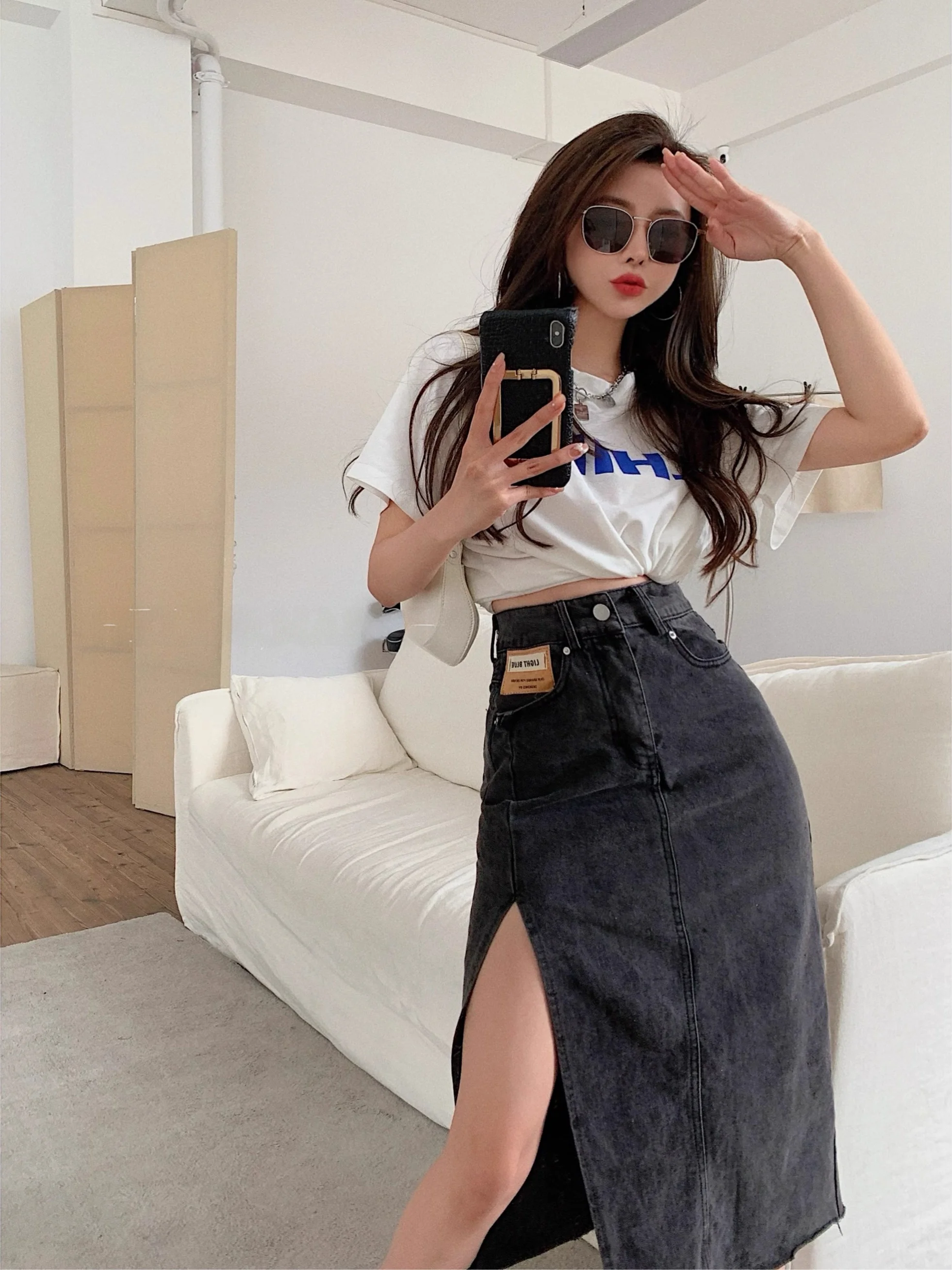 Faionable cintura alta a linha saia jeans feminina primavera outono design sazonal sentido f saia commute ci