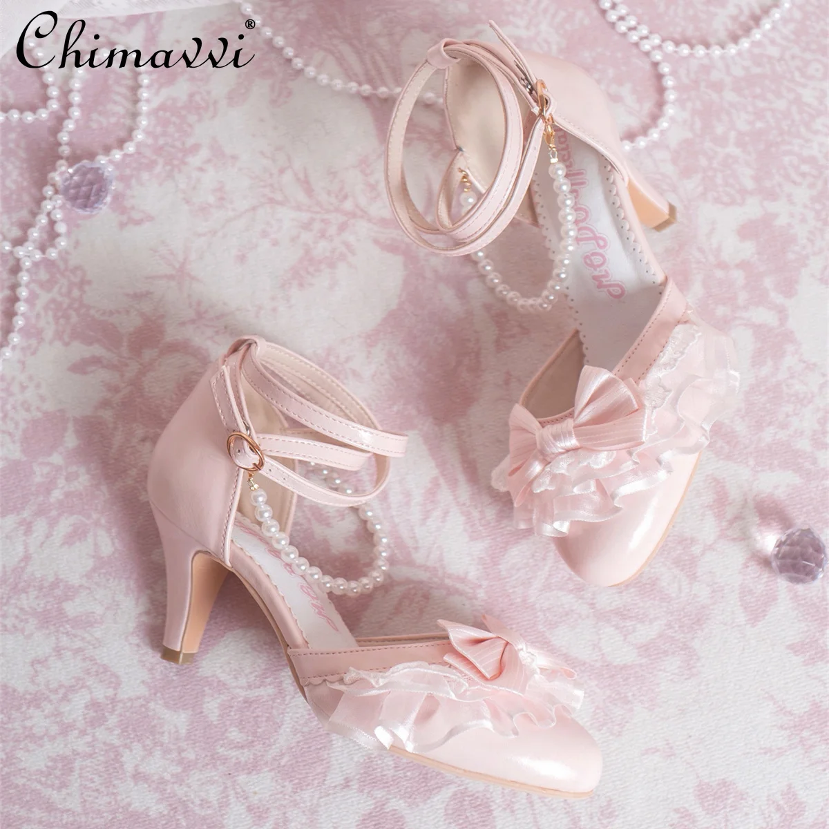 

Туфли Лолиты, супер фея, милые туфли-лодочки принцессы с рюшами и тяжелым жемчужным цепочкой, элегантные женские туфли-лодочки принцессы на среднем каблуке