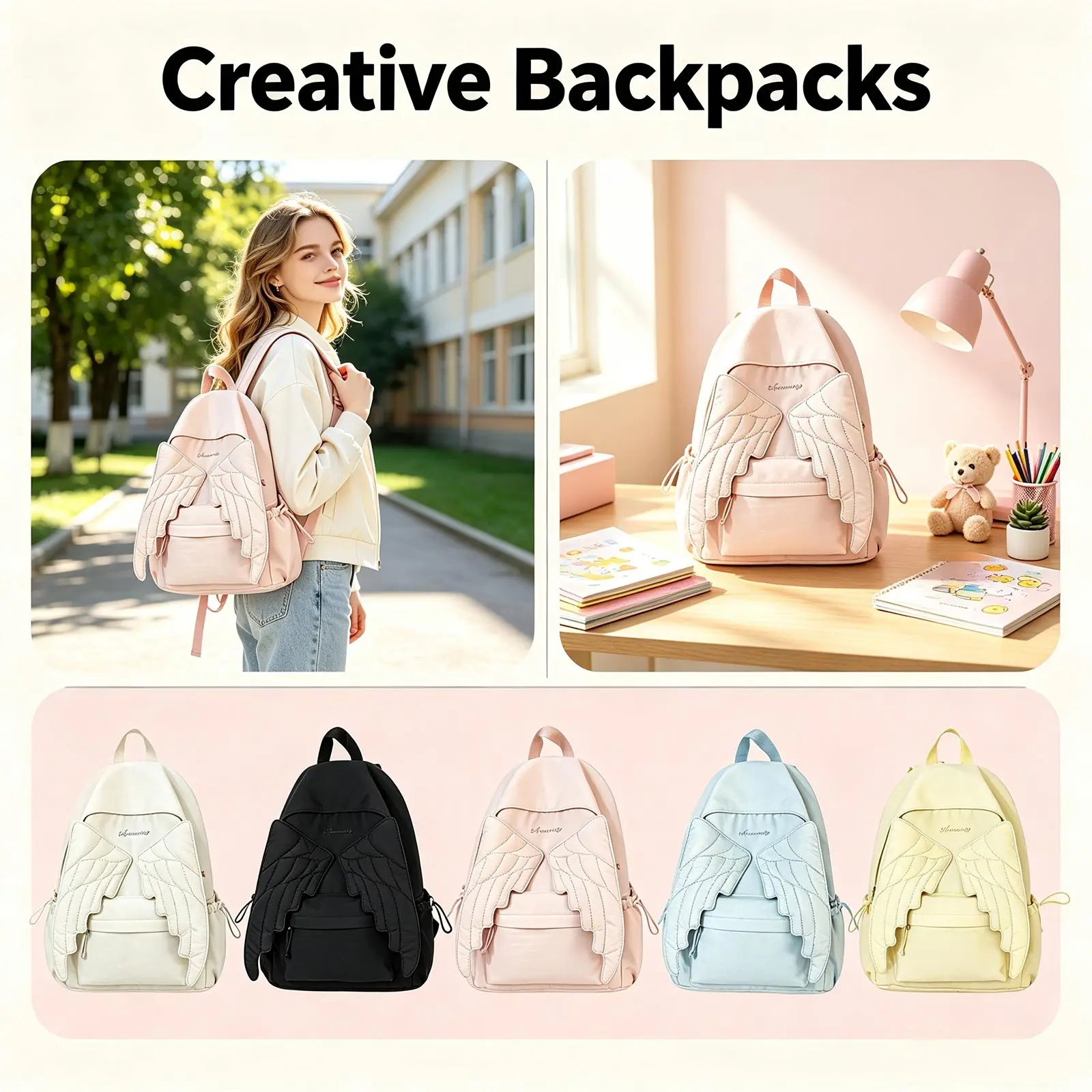 Versatile Angel Wing Backpack Y2k Style Large Capacity Canvas Backpack Lightweight Embroidered Pattern Nylon Backpack