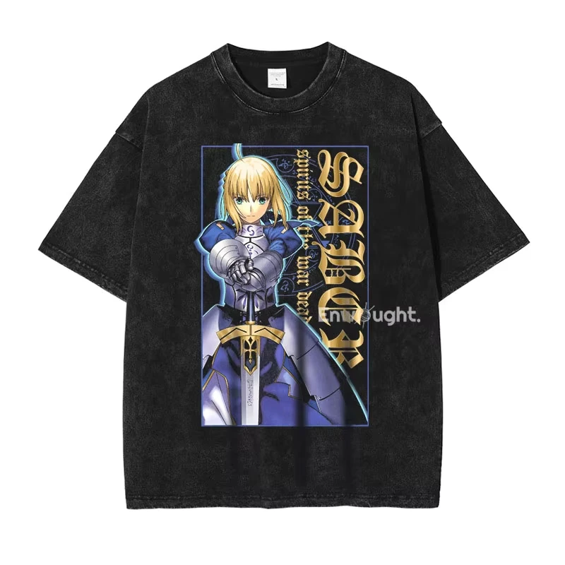 Fate stay night Graphic T Shirts Vintage Washed Men Women Short Sleeve T-shirt Oversized Unisex Trendy Cotton Couples Breathable