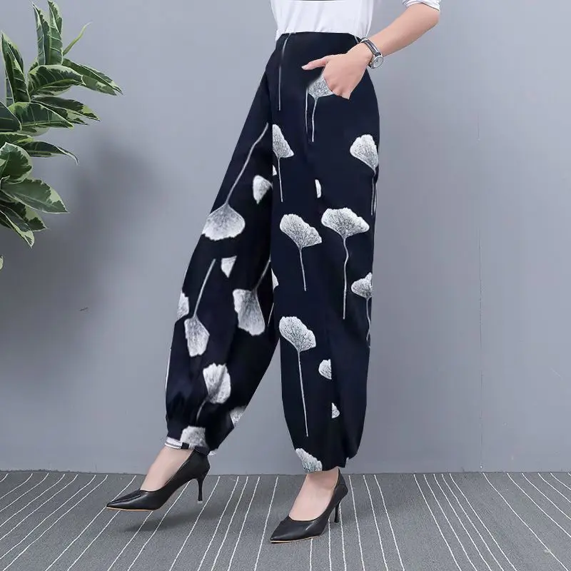 Vintage Printed Loose All-match Elastic High Waist Pants Women\'s Clothing 2024 Spring Summer New Loose Office Lady Cropped Pants