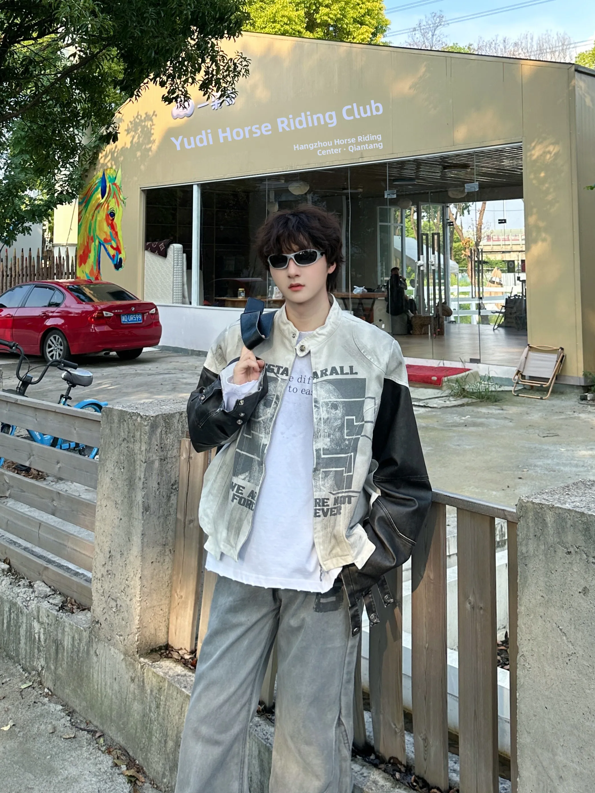 

Fikzz American Retro Hip Hop Skull Letter Print Patchwork Leather Jaet Loose Couple Outerwear for Men And Women