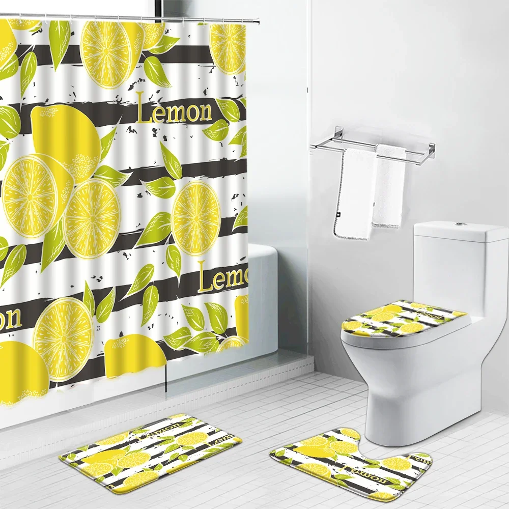 Tropical Fruit Lemon Yellow Shower Curtains Bathroom Decor Rug Set Non-Slip Bath Mat Toilet Cover Kitchen Carpet Cloth Curtain