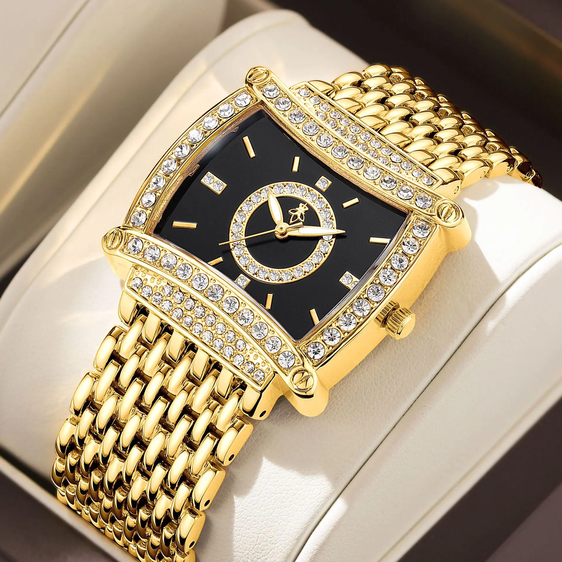 Yalalusi Luxury Gold Diamond Square Plate Women's Watch Diamond Chain Belt Light Luxury Quartz Women's Watch Hot Selling