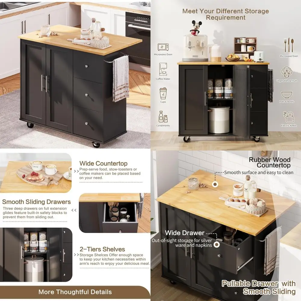 جزيرة مطبخ SUNLEI على عجلات مع خزانة تخزين وأوراق قطرة قابلة للطي، طاولة مطبخ دوارة، مقبض عربة لرف المناشف، دكتور