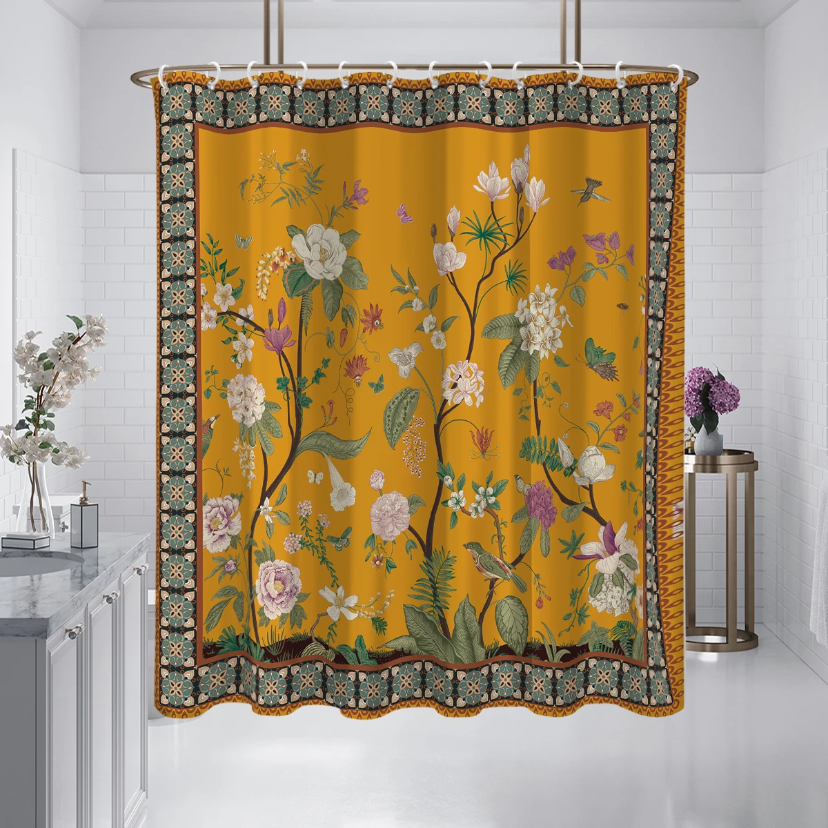 1 piece of 180x180cm yellow retro floral pattern printed shower curtain partition, bathroom waterproof and mildew proof