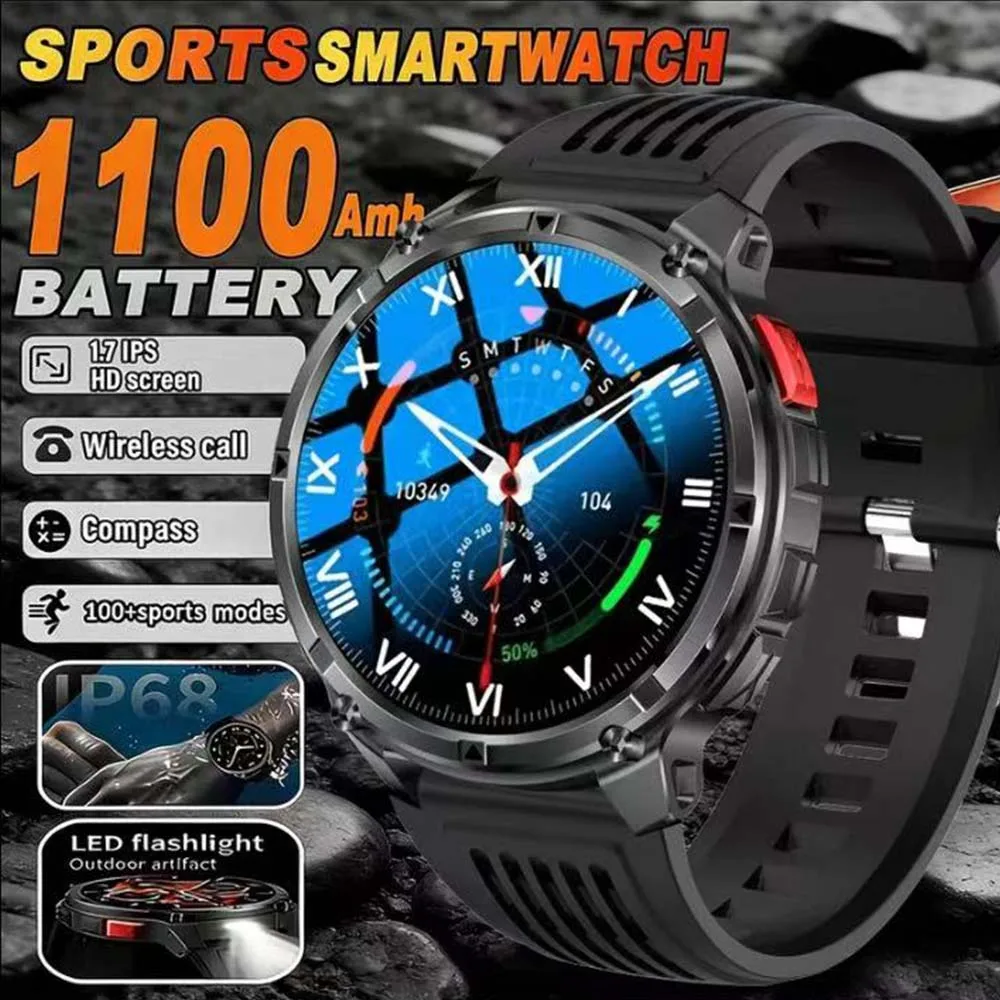 New Men Smartwatch 1.7” HD Display 1100mAh Large Battery Compass Wireless Call Flashlight 120+ Sports Mode Fitness Tracker Watch