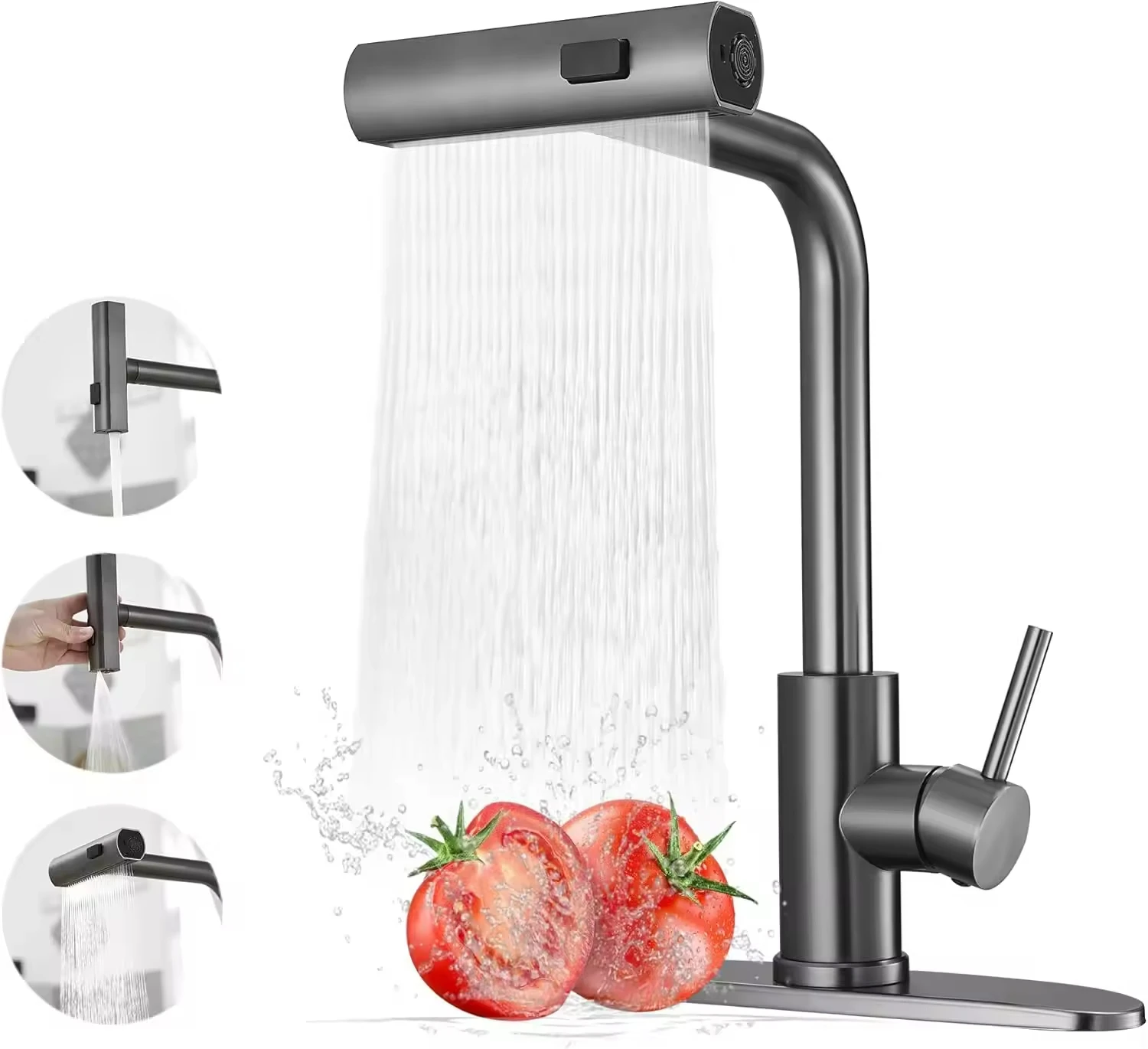 

Luxury kitchen faucet with pull-out waterfall rain gray stainless steel single handle design - classic polished style