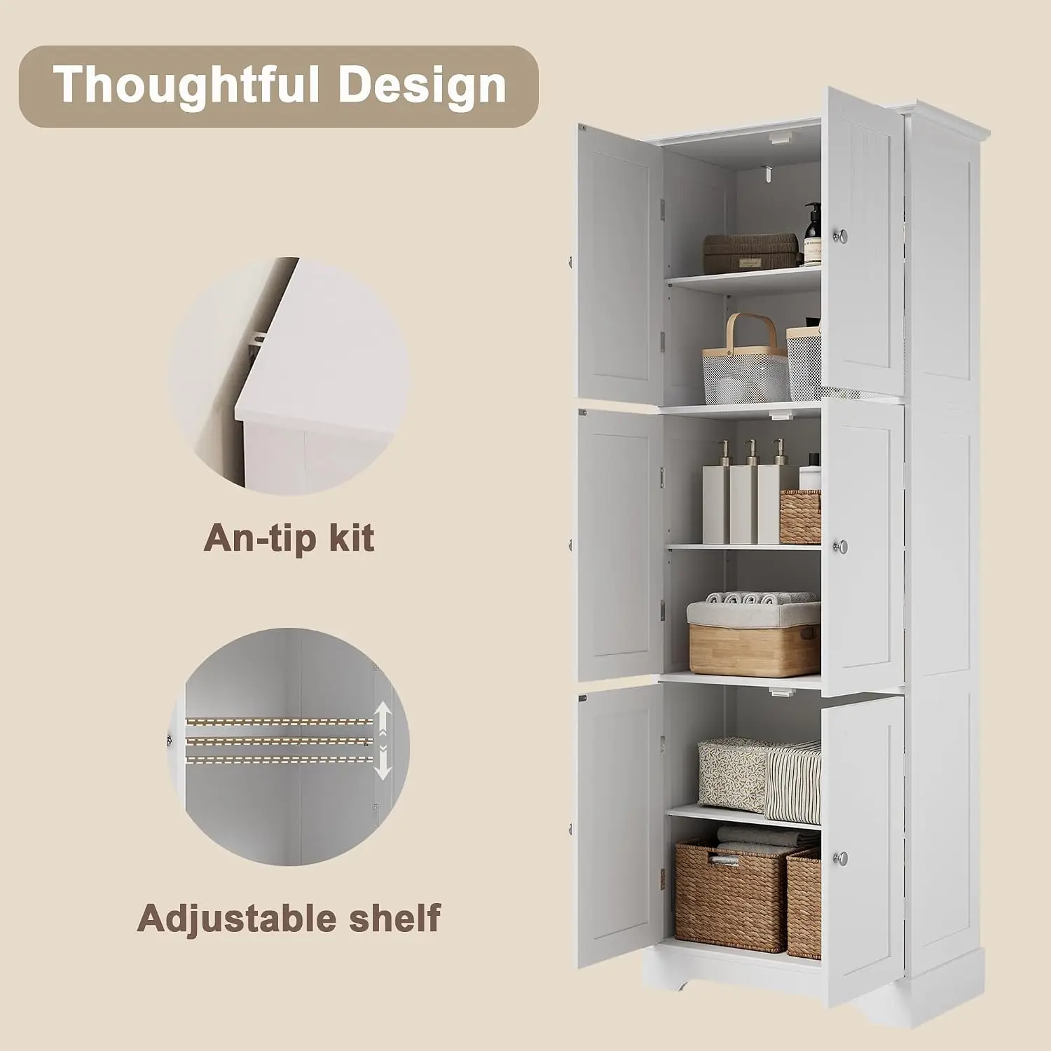 Tall Bathroom Storage Cabinet With Six Doors Freestanding Floor Cabinet With Adjustable Shelves White Pantry Cabinet For Bathroom Kitchen Laundry Room view 5