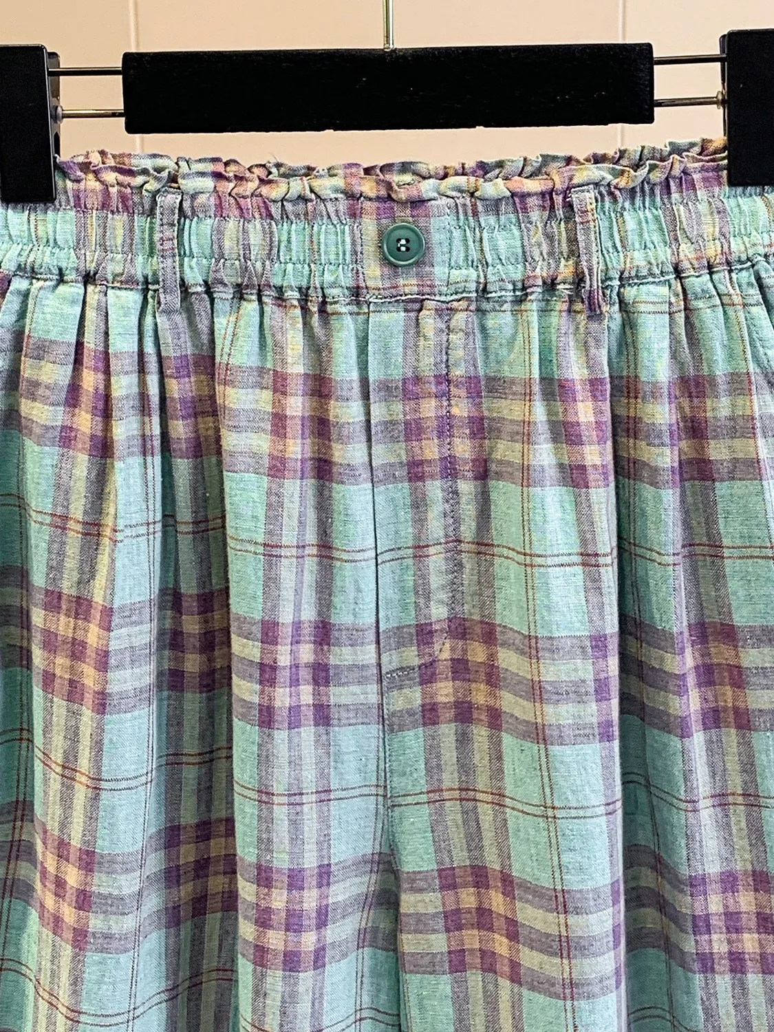 กางเกงขายาวทรงตรงผ้าฝ้ายลินินเอวสูงแต่งระบายชาย  สำหรับผู้หญิง สไตล์ลำลอง  ความยาวเก้าส่วน  ใส่สบายในฤดูร้อน  สไตล์วินเทจ