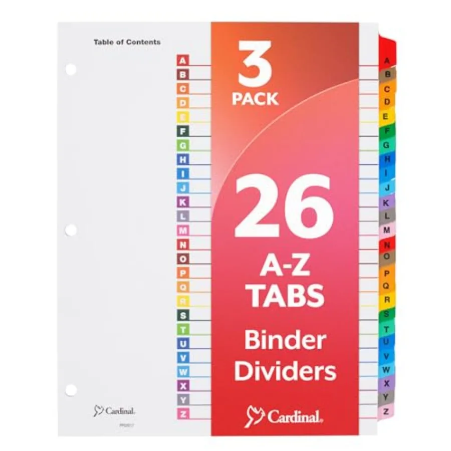 

Binder Dividers, A-Z Tabs, 3 Pack, Customizable Table of Contents Page, Reversible Multicolor Tabs, 3-Hole Punched for Binders