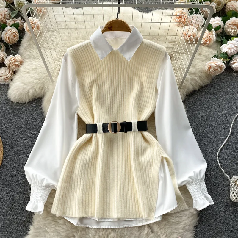 Two Piece Sets Women Vest Set Shirt Turn Down Collar Y2k Streetwear Blouses Casual Spring Shirts Knitted Vests Spring 2025