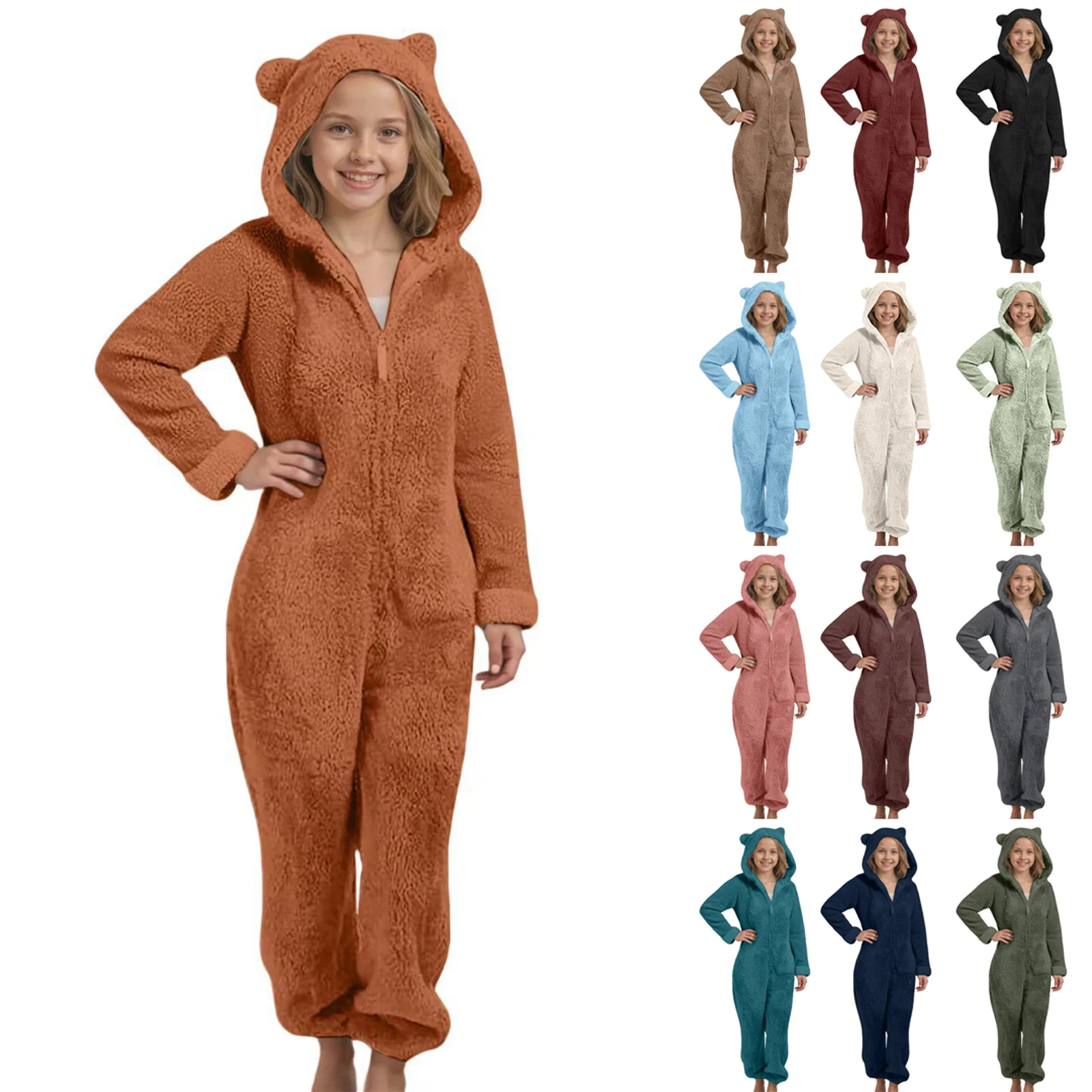 Autumn Winter Children's Pajamas Girls Thickened Hooded Jumpsuit Cute Hooded Long Sleeved Zipper Plush Warm Home Clothes