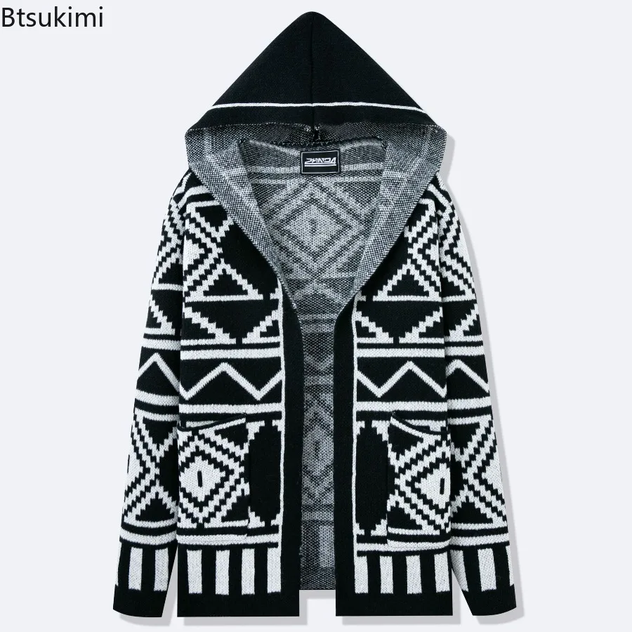 Fashion New Style Men's Clothes Autumn Winter Knitted Hooded Cardigans Streetwear Vintage Jacquard Middle Length Sweater Jackets