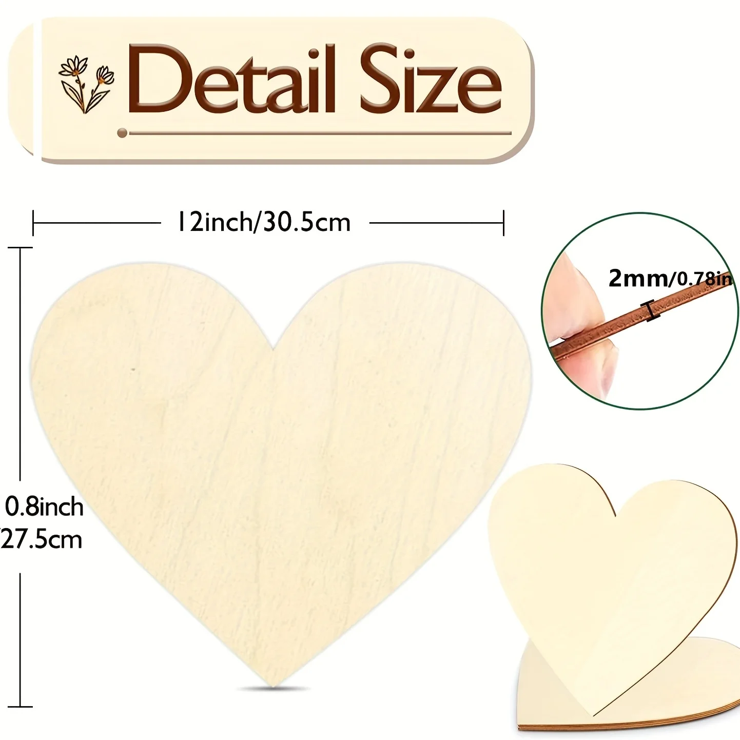 2Pcs 12Inch Blank Heart Cutout Unfinished Wood Hearts Slices Heart Shaped Ornaments Door Hanger Decor for Valentines'Day,Wedding