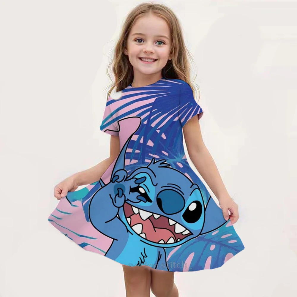 2024 Girls Short-Sleeved Dress Cute Stitch 3D Print Skirt Summer New Clothes Original Brand Clothing Dress For Girl Nightdress