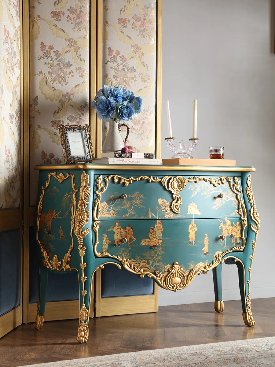 YJQ French Chinese style classical hand-painted carving decorative chest cabinet villa large flat-floor entrance cabinet